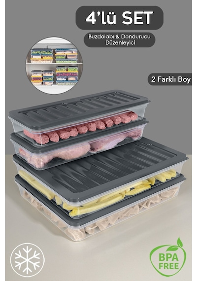4 Parça Buzdolabı Düzenleyici Organizer Set Mikrodalga Difriz Kabı - 2 x 2400 ML 2 x 1170 ML Antrasit