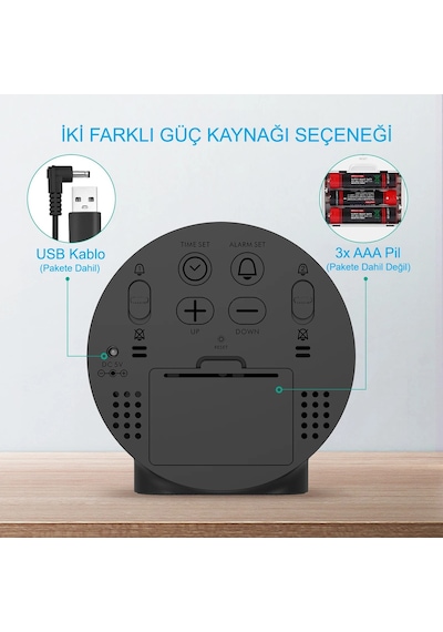 Hymark Yuvarlak Siyah Dijital Led Masa Saati Usb Güç Saat Ertelem