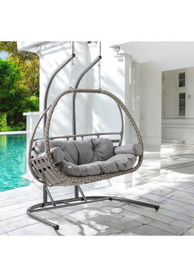 Malta Çiftli Rattan Bahçe Salıncağı Gri Çok Renkli