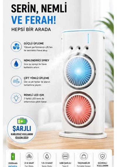 Çift Başlıklı Sprey Fan Nemlendirici Ve Renkli Led Işıklı Beyaz İtem0015kbeyafan4