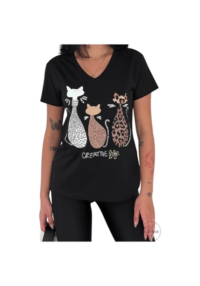 Cassime Kadın Siyah V Yaka 3 Kedi Pul Payet İşlemeli %100 Pamuk Büyük Beden Tişört Xl-2xl-3xl Cassime Kadın Siyah V Yaka 3 Kedi Pul Payet İşlemeli %100 Pamuk Büyük Beden Tişört Xl-2xl-3xl
