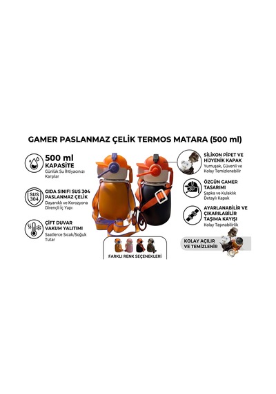 Paslanmaz Çelik Termos Matara, Silikon Pipetli, Omuz Askılı, Sızdırmaz Contalı Ve Tuşlu Kapak, Oyuncu Gamer Tasarımlı Termos Matara Pembe Çok Renkli