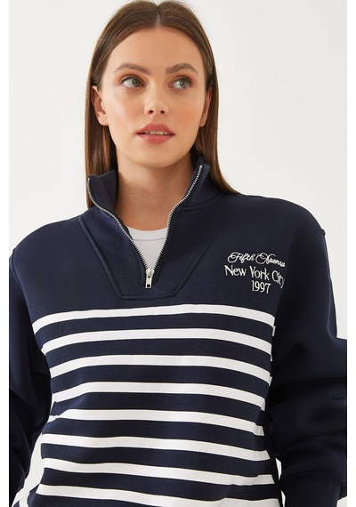 Shade Kadın Yarım Fermuarlı Çizgili Sweatshirt 60351005 - Lacivert