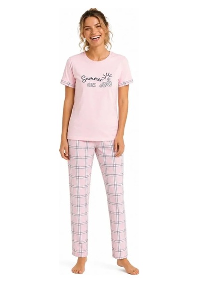 Pamuklu Penye Summer Baskılı Kısa Kollu Pijama Takımı Ekose Desenli - Pembe