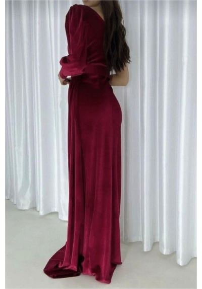 Lior Design Kadın İnce Kadife Kumaş Tek Omuz Kemerli Maxi Abiye Elbise Bordo