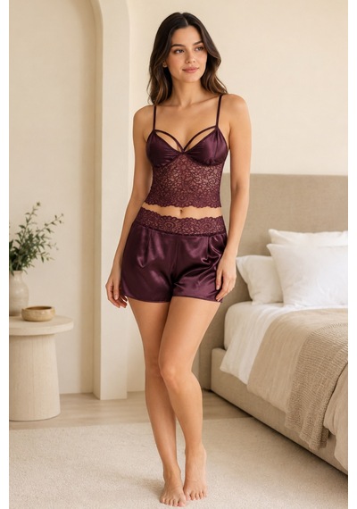 Loule Kadın Mürdüm Çapraz Bantlı Dantel Bralet Şort Pijama Takımı