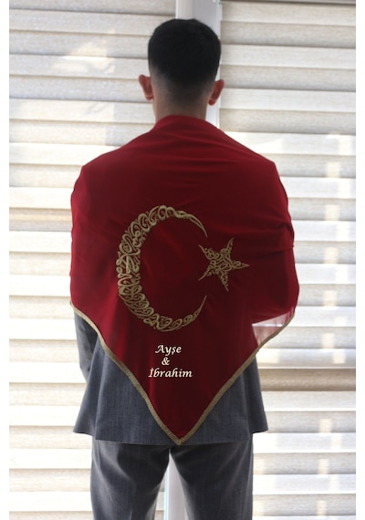 İsimli Damat Kına Asker Şalı Omuz Örtüsü Ayyıldız Nakış Işlemeli Ay Yıldız Gold Isme Özel