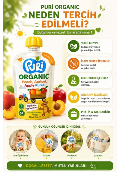 Organic %100 Organik Meyve Püresi Şeftali - Kayısı - Elma 100 G İlave Şekersiz