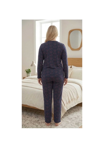 Eyfuze Kadın Büyük Beden Desenli Yakası Düğmeli Uzun Kollu Bambu Pijama Takımı Lacivert-2 Eyfuze Kadın Büyük Beden Desenli Yakası Düğmeli Uzun Kollu Bambu Pijama Takımı Lacivert-2