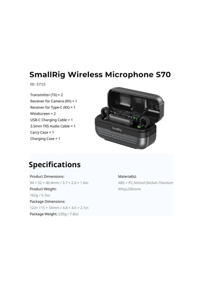Smallrig - 5715 S70 Siyah 2 Kişilik 48khz/24bit Kablosuz Yaka Mikrofonu