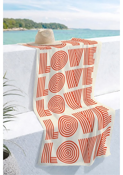 Love Yazılı Modern Plaj Havlusu - Geometrik Tipografik Krem Turuncu Hızlı Kuruyan Mikrofiber Havlu Çok Renkli