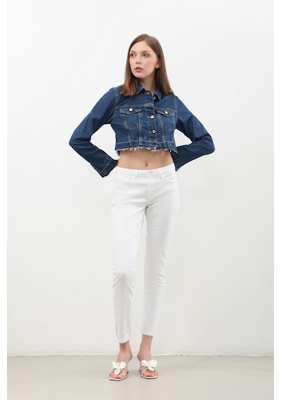 Kadın Püsküllü Crop Jean Ceket mavi