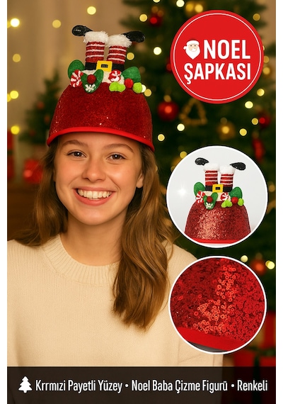 Kırmızı Payetli Noel Şapkası Çizme Figürlü, Ponpon Ve Fiyonk Detaylı Her Yaşa Uygun Parti Aksesuarı