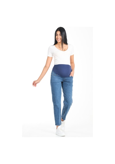 Busa Hamile Esnek Karın Bantlı Arka Kemerli Mom Fit Kot Pantolon Mavi-mavi