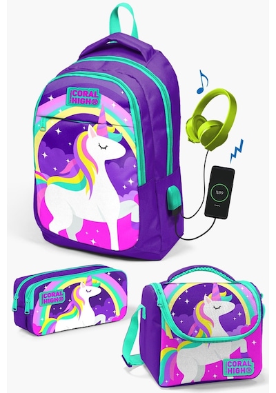 Coral High Kids Mor Su Yeşili Unicorn Desenli Usb'li 3 Lü Okul Çanta Seti Set0123415