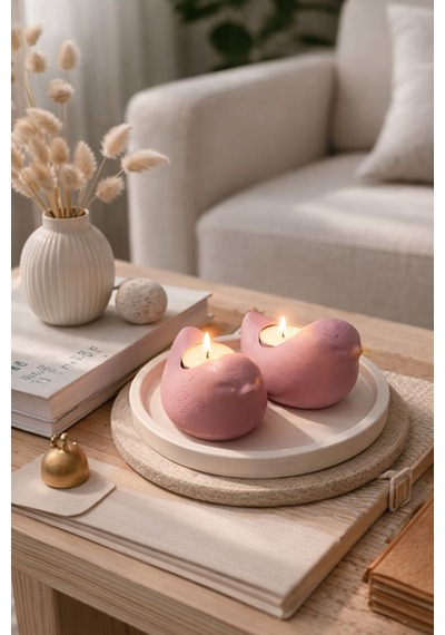 Kuş Figürlü Mumluk 2 Li Tabaklı Set Pembe Renk Pembe
