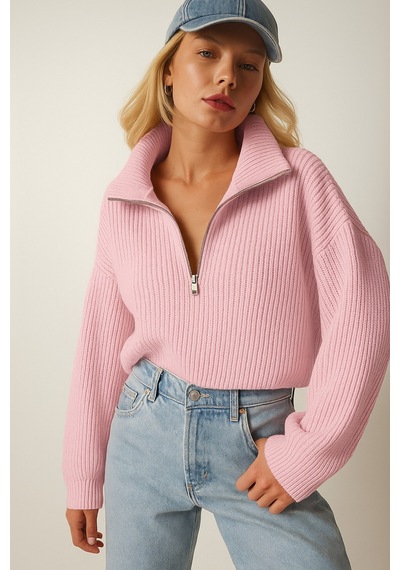 Cloudy Kids Kadın Oversize Fermuarlı Crop Triko Kazak Günlük Kullanım Mevsimlik Pembe - 607293446 Pembe