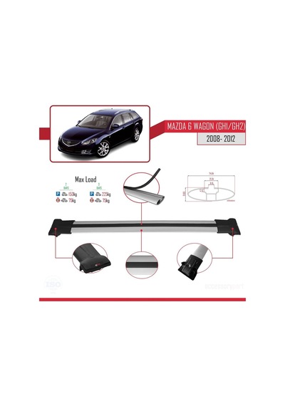 Mazda 6 Wagon Gh1/gh2 2008-2012 Arası İle Uyumlu Fly Model Ara Atkı Tavan Barı Gri