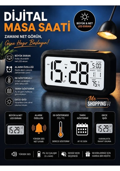 Tr Dijital Masa Saati Büyük Led Ekranlı Alarm Özellikli Tarih Ve Sıcaklık Göstergeli Gece Işığı 12/24 Diğer