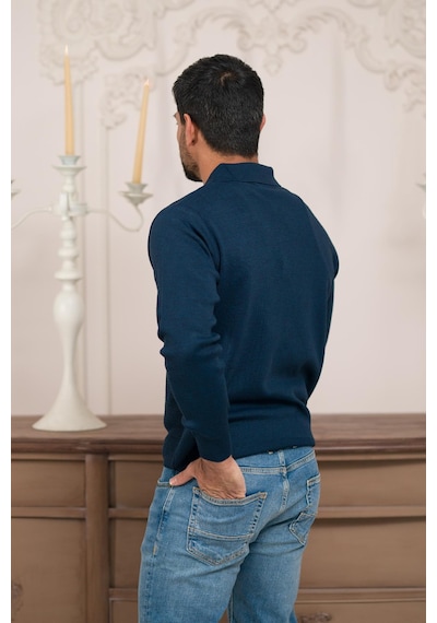 Woolen World Polo Yaka Armürlü Yünlü Erkek Triko Kazak Lacivert