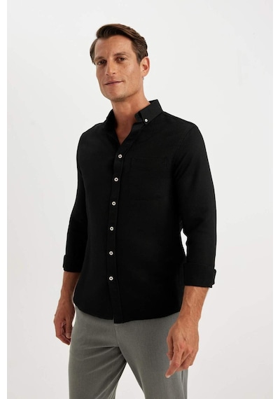 DeFacto Slim Fit Dar Kesim Düğmeli Dokulu Düz Pamuk Karışımlı Uzun Kollu Siyah Gömlek T2066AZ24AUBK81