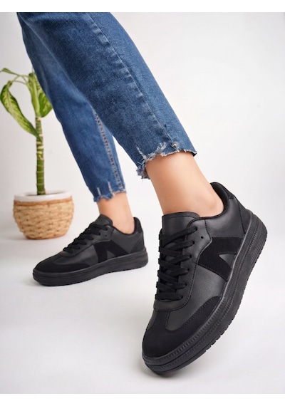 Kadın Sneaker Yüksek Taban Ortopedik Bağcıklı Spor Ayakkabı Retro Siyah 011