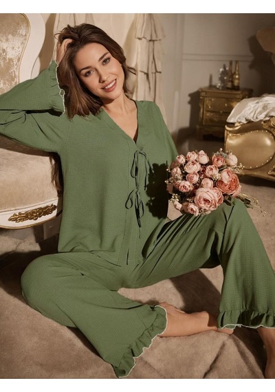 Bella Notte Yeşil Önden Bağlamalı Uzun Pijama Takımı