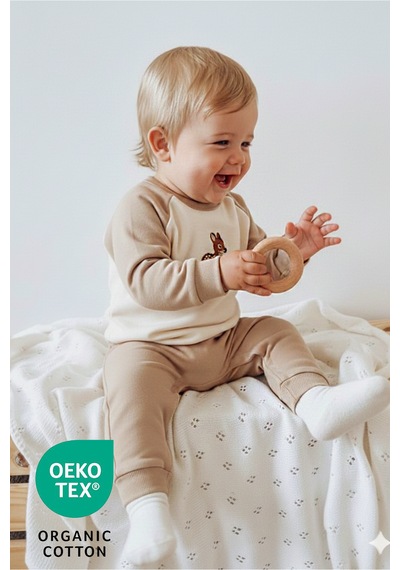 Luppinos Baby Deer 2li %100 Pamuk Nakışlı İki İplik Alt Üst Takım Bej - Camel