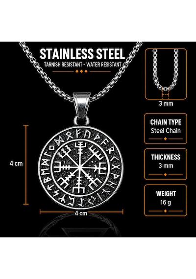 Paslanmaz Çelik Rün Harf Detaylı Kolye Çift Taraflı Vegvisir Viking Pusula Kolye Antik Gümüş