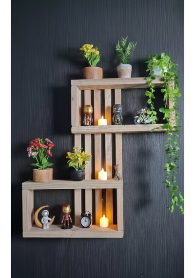 Ahşap Zikzak Duvar Rafı - 75x50 Cm Dekoratif Masif Kitaplık Ve Saksılık - 3 Bölmeli Duvar Dekoru Bej