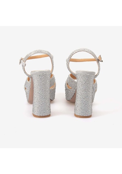 Hawen Angels Kadın Saten 12,5 Cm Platform Topuklu Taşlı Gece & Abiye Ayakkabı 380-75 Gümüş