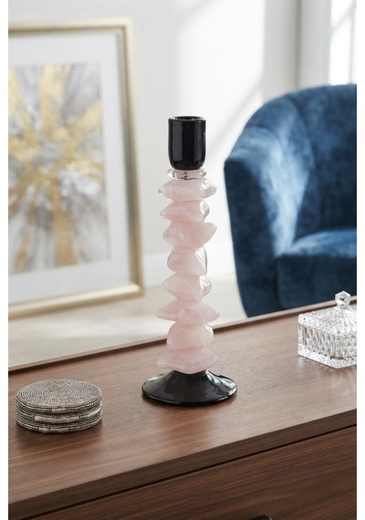 İthal Slıce Cam Şamdan Pembe Büyük 33 Cm Krem - Siyah