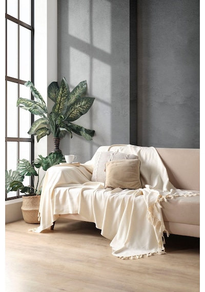 Miracolo Home Ekru Pamuklu Dekoratif Koltuk Örtüsü 170x230 Boyutlu Optimal Kaymaz Tasarım