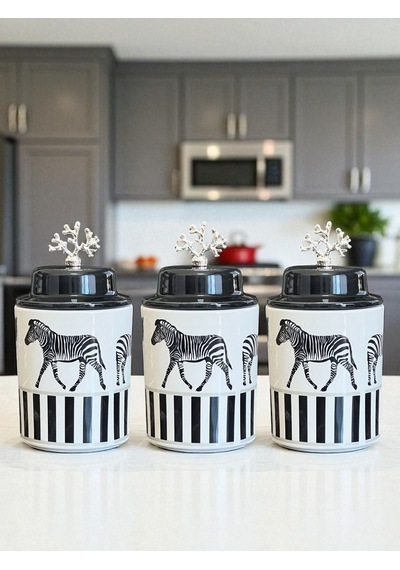 Baharatlık - Seramik Kapaklı 3'lü Zebra At Gümüş Siyah