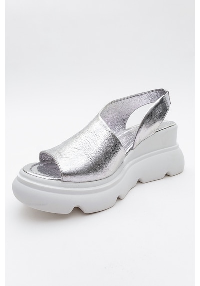 Luvishoes Agusto Metalik Gümüş Hakiki Deri Kadın Dolgu Topuk Sandalet Gümüş