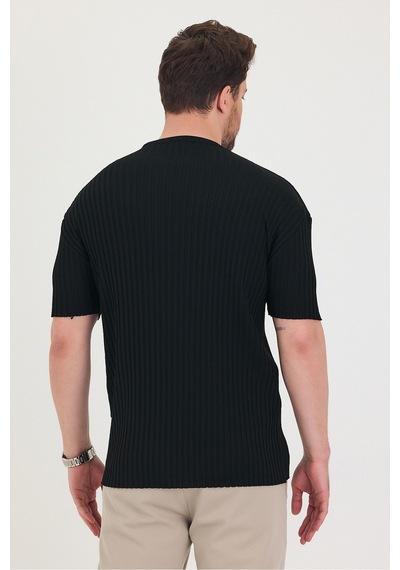 Tarz Cool Erkek Bisiklet Yaka Fitilli Kısa Kollu Ince Triko T-shirt Siyah