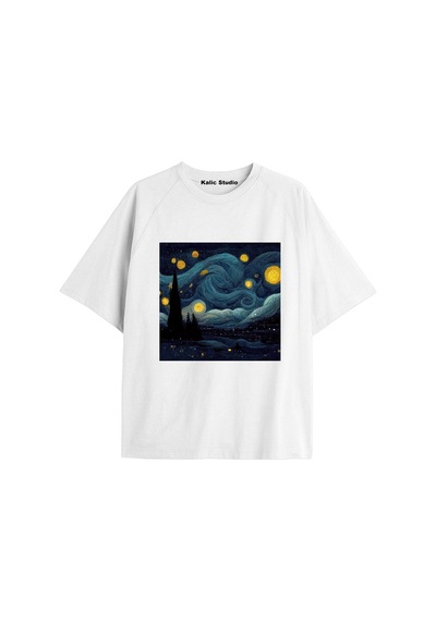 Kalic Studio Unisex Van Gogh Baskılı Oversize Tshirt Beyaz-94