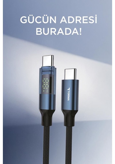 Torima U22 Type-c To Type-c 60 W  Led Ekranlı Dayanıklı Örgü Hızlı Şarj Kablosu Siyah