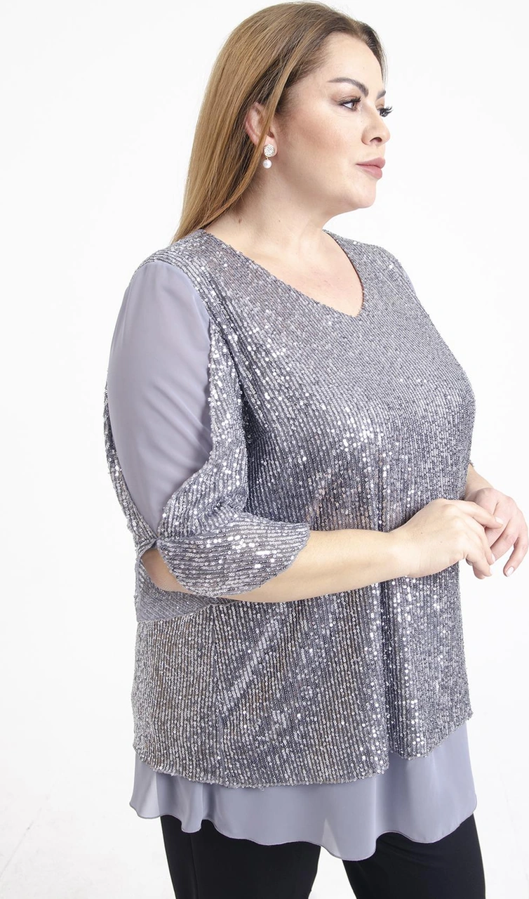 Lilas Xxl Büyük Beden Gri Renkli Pul Payetli Şifon Bluz Gri