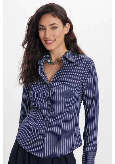 Tudors Kadın Slim Fit Dar Kesim Uzun Kollu Çizgili Lacivert Gömlek-50322