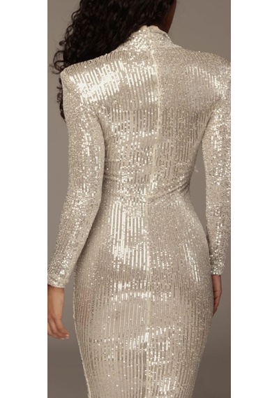 Hanife Glam Couture Balıkçı Yaka Uzun Kollu Midi Elbise Gümüş