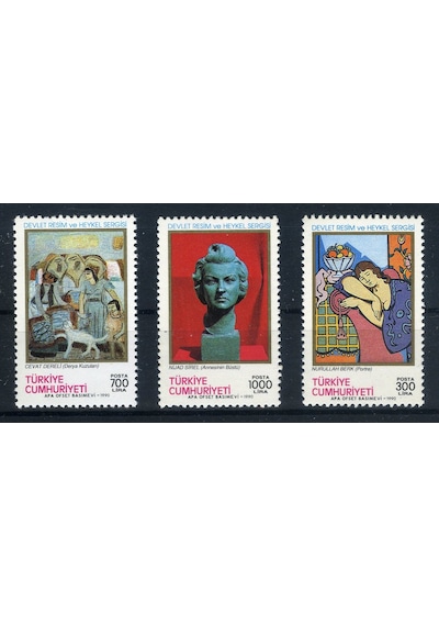 Koleksiyon Pulları, 1990 Devlet Resim Ve Heykel Sergisi,3 Pulluk Damgasız Tam Seri  Teşhir Ürün