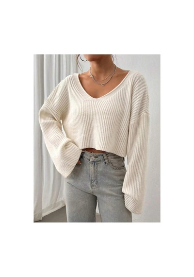 Nimas Kadın Oversize V Yaka Triko Crop Kazak Krem - 660238521 Krem