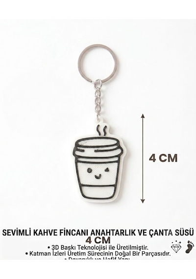 Sevimli Kahve Fincanı Anahtarlık & Çanta Süsü Beyaz - Siyah