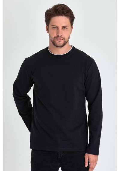 MMetalic MTLCE68 Çift Bisiklet Yaka Standart Rahat Kesim Erkek Sweatshirt - Siyah