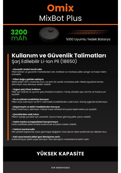 Omix Mixbot Plus 3200mAh Robot Süpürge Bataryası