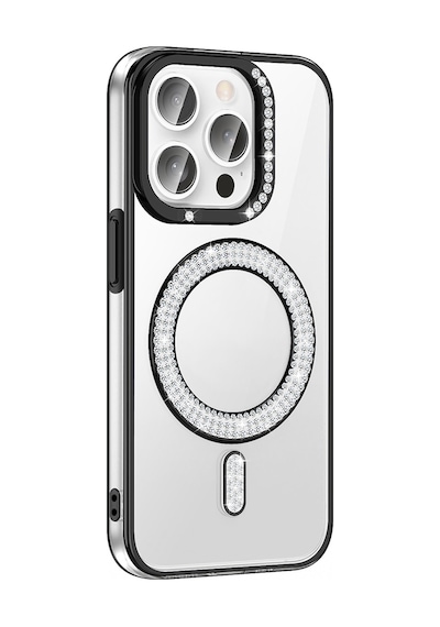 Apple Uyumlu iPhone 14 Pro Max Kılıf Pırlanta Taş Tasarımlı M-safe Şarj Özellikli Zore Karetta Silikon Kapak Siyah