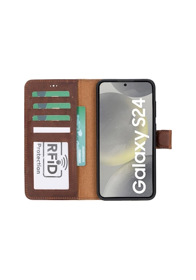 Samsung Galaxy S24 Uyumlu, Deri Cüzdanlı Kılıf, Antik Kahve Siyah