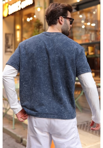 Madmext Lacivert Baskılı Batik Desen Erkek Tişört E7194
