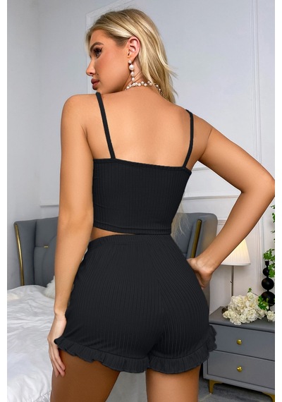 Merry See Dantelli Askılı Crop Üst Ve Fırfır Paça Mini Şortlu Pijama Takım Siyah